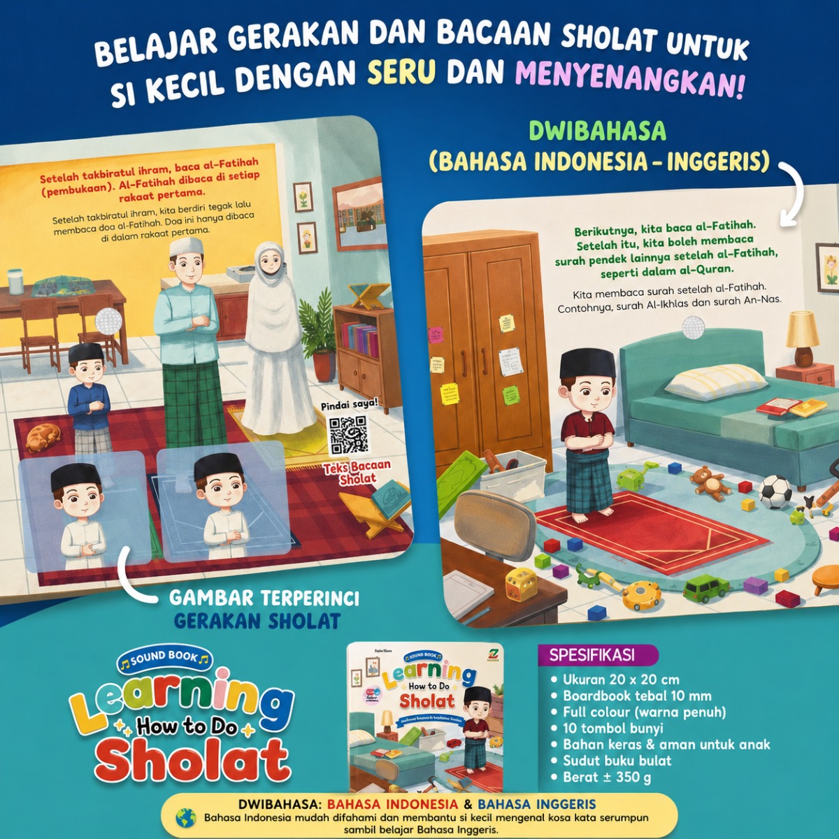 Soundbook dwibahasa dengan gambar gerakan solat