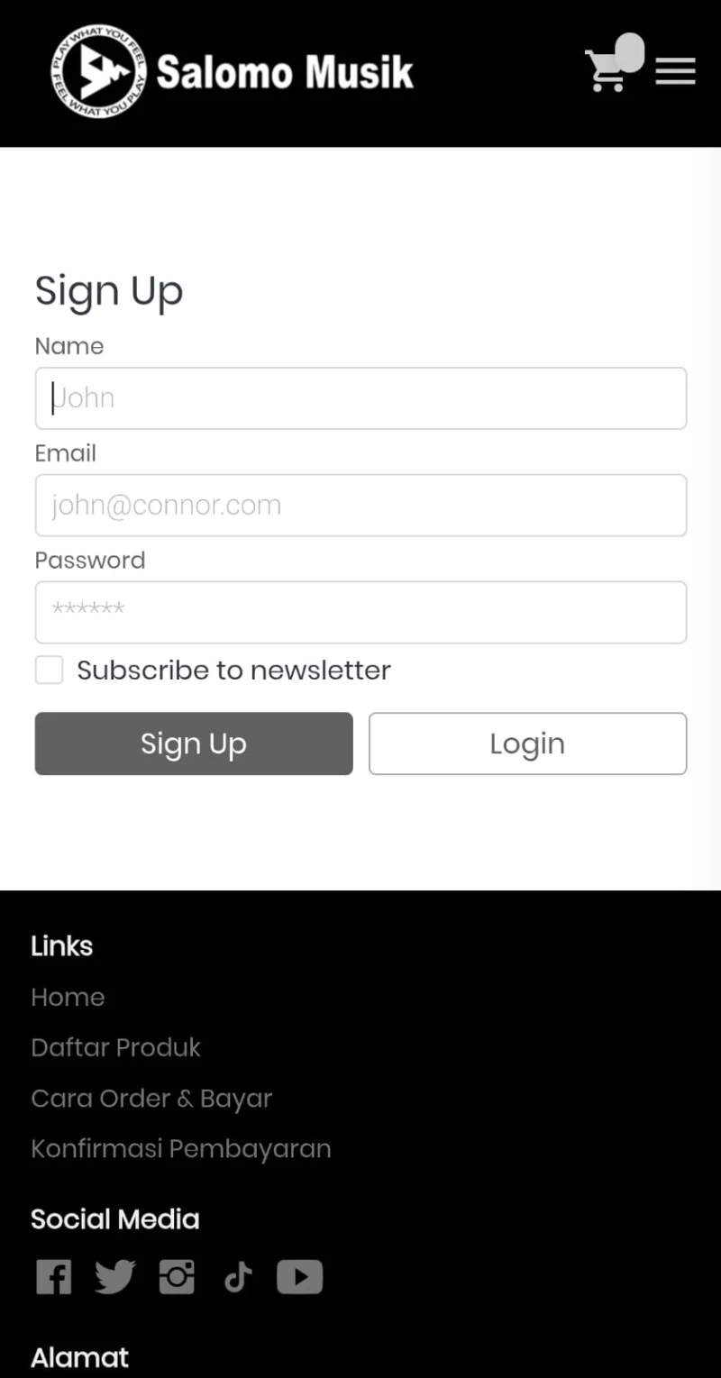 Form buat akun atau login ke akun Salomo Musik