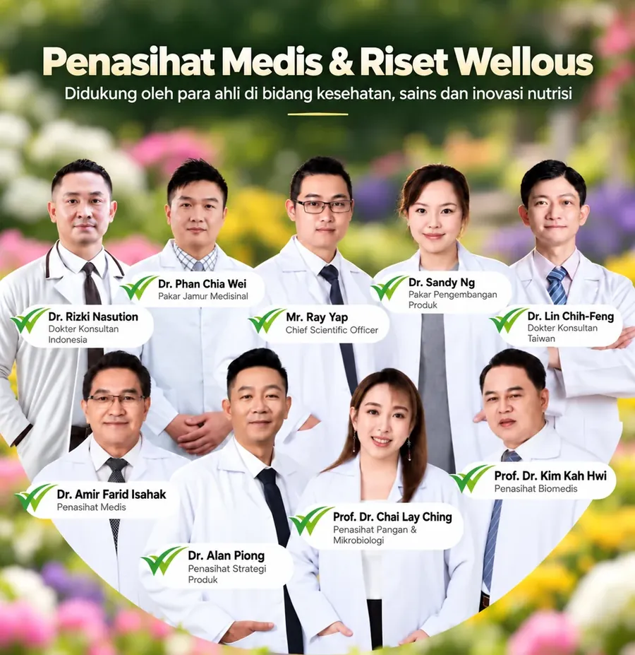 Penasihat Medis dan Riset Wellous: Dr. Rizki Nasution, Dr. Phan Chia Wei, Mr. Ray Yap, Dr. Sandy Ng, Dr. Lin Chih-Feng, Dr. Amir Farid Isahak, Dr. Alan Piong, Prof. Dr. Chai Lay Ching, Prof. Dr. Kim Kah Hwi