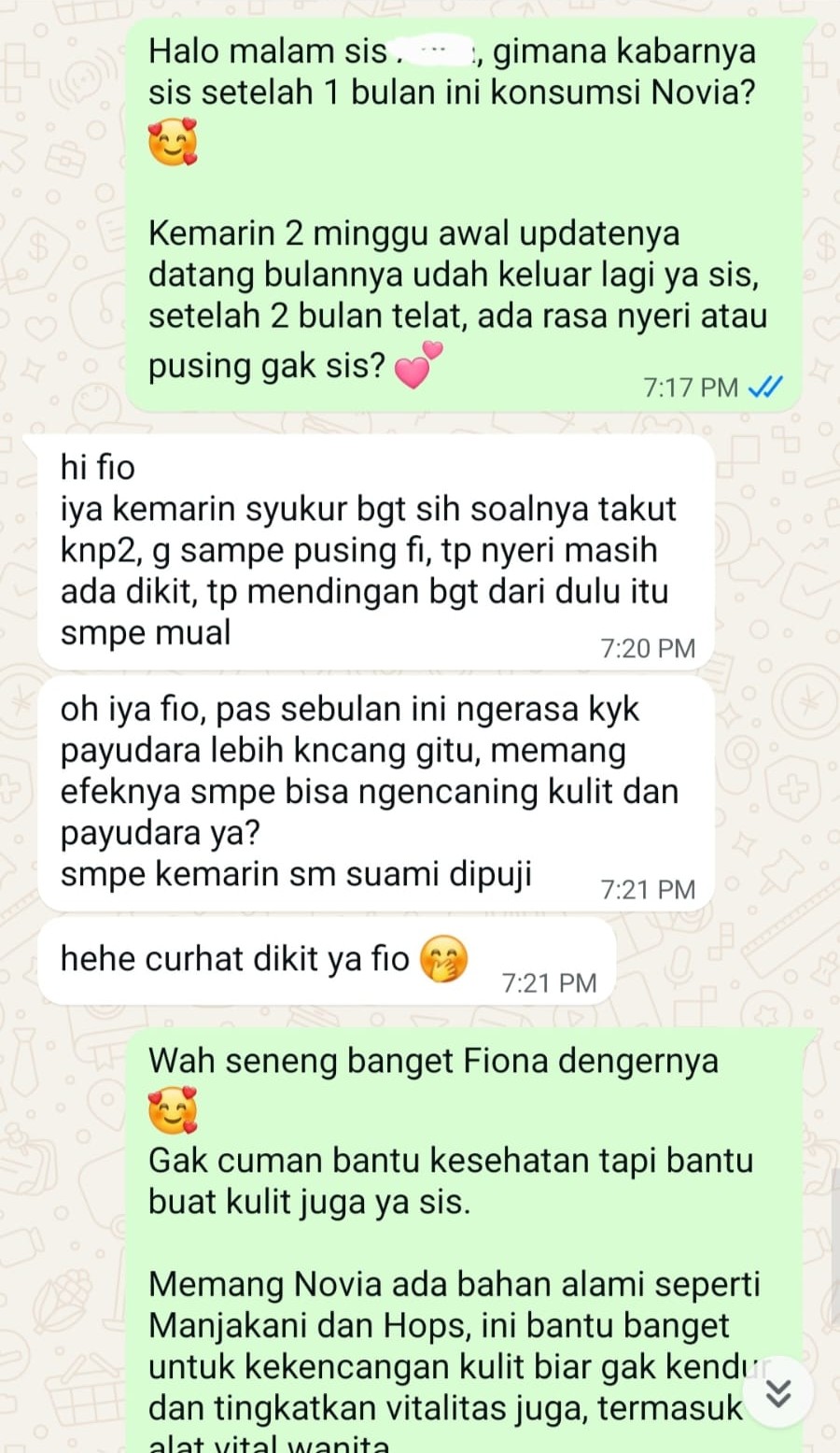 Chat pelanggan: haid kembali datang setelah telat, nyeri berkurang, kulit dan payudara terasa lebih kencang