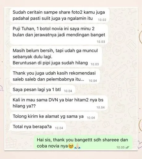 Chat pelanggan: jerawat membaik setelah 2 bulan minum Novia